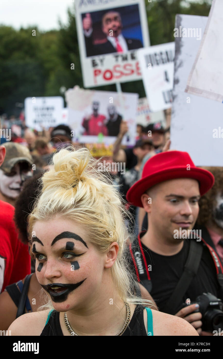 WASHINGTON, DC - 16. September 2017: Fans der Musik der Gruppe "Insane Clown Posse", genannt, versammelt Juggalos in Washington, DC ihre FBI Bezeichnung zu protestieren als eine kriminelle Bande. Quelle: Jeffrey Willey/Alamy leben Nachrichten Stockfoto