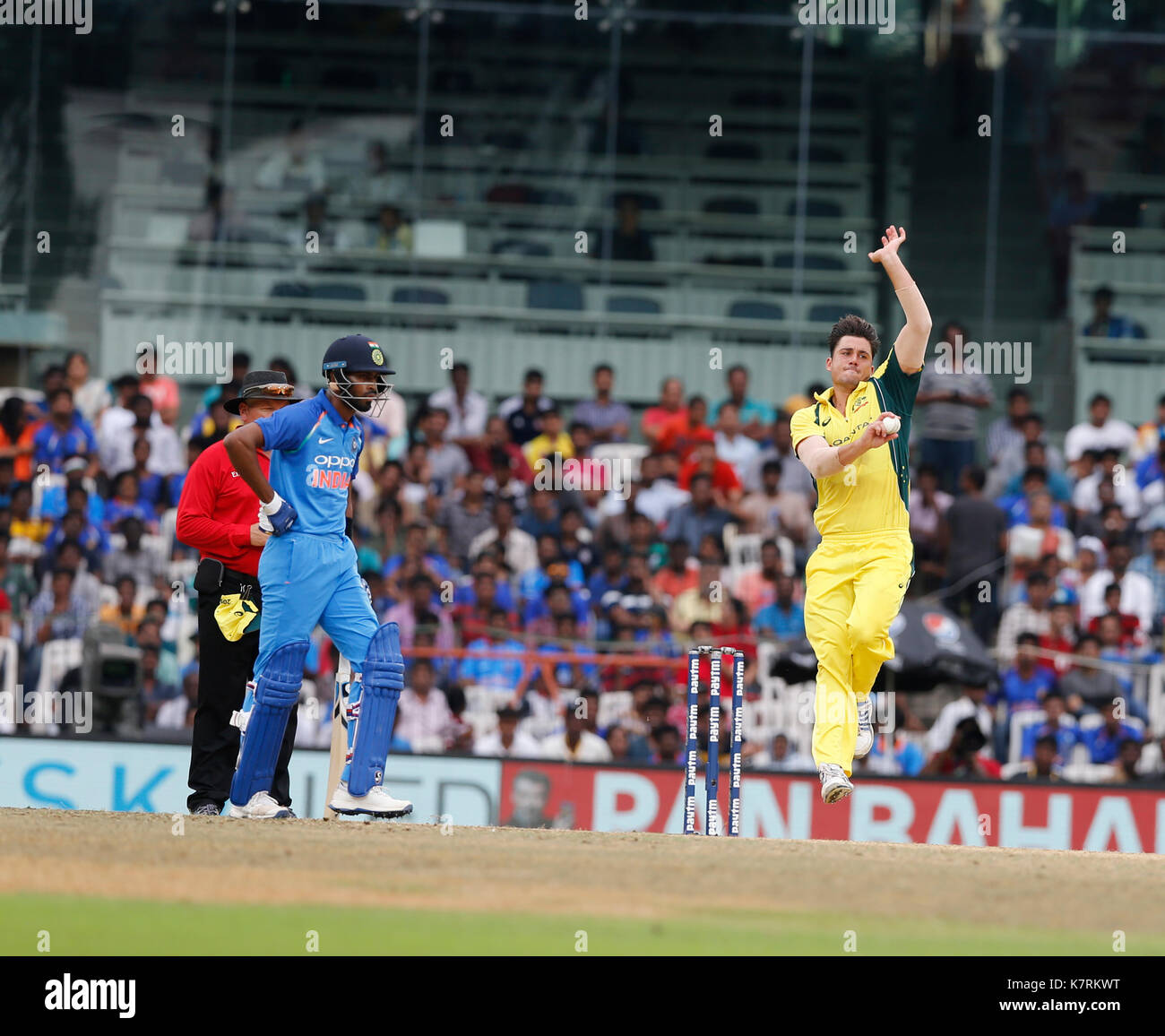 Chennai, Indien, 17. Sep 2017. Die australische Bowler MP Stoinis in Bowling Aktion während der 1 ODI gegen Indien in Chennai am 17. Sep 2017. Seshadri SUKUMAR Stockfoto