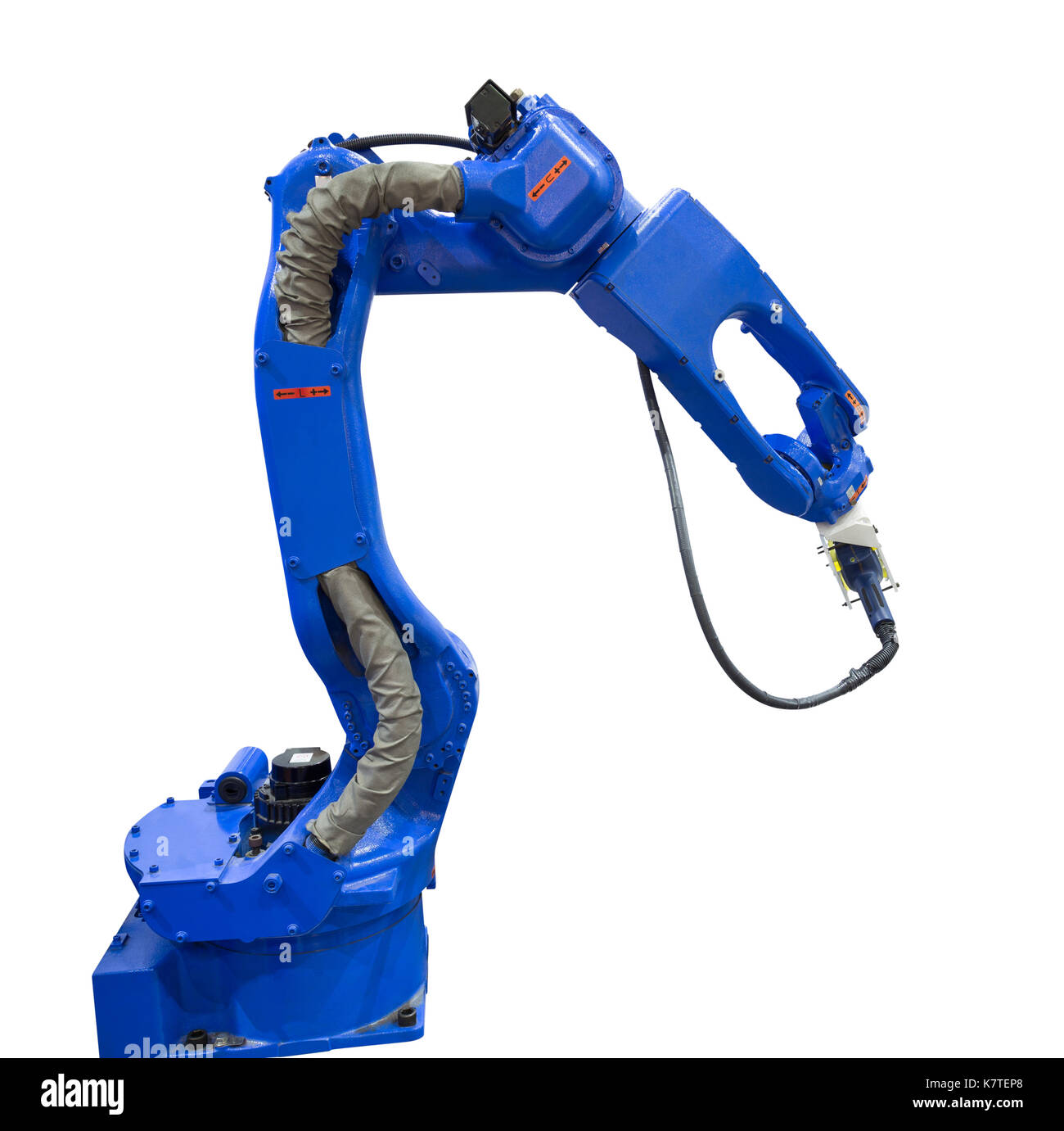 Automatisierte Roboterarm mit 3D-Scanner in der Automobilindustrie auf weißem Hintergrund mit Freistellungspfad isoliert Stockfoto