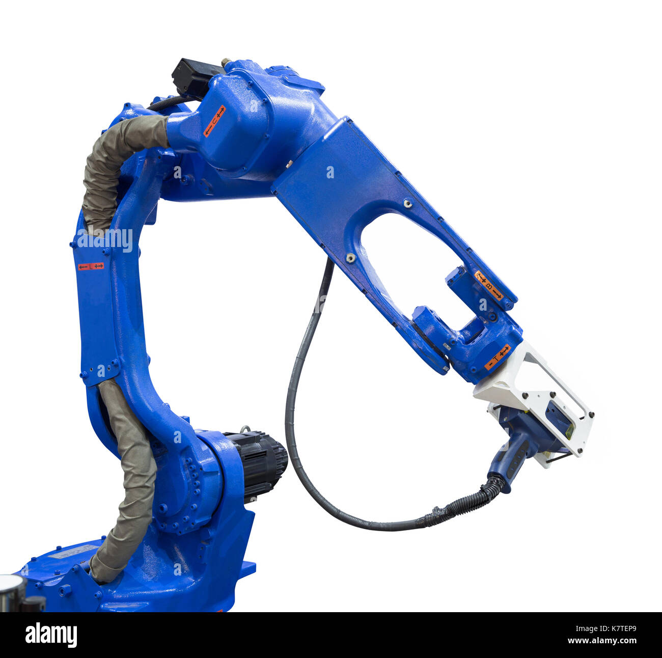 Automatisierte Roboterarm mit 3D-Scanner in der Automobilindustrie auf weißem Hintergrund mit Freistellungspfad isoliert Stockfoto