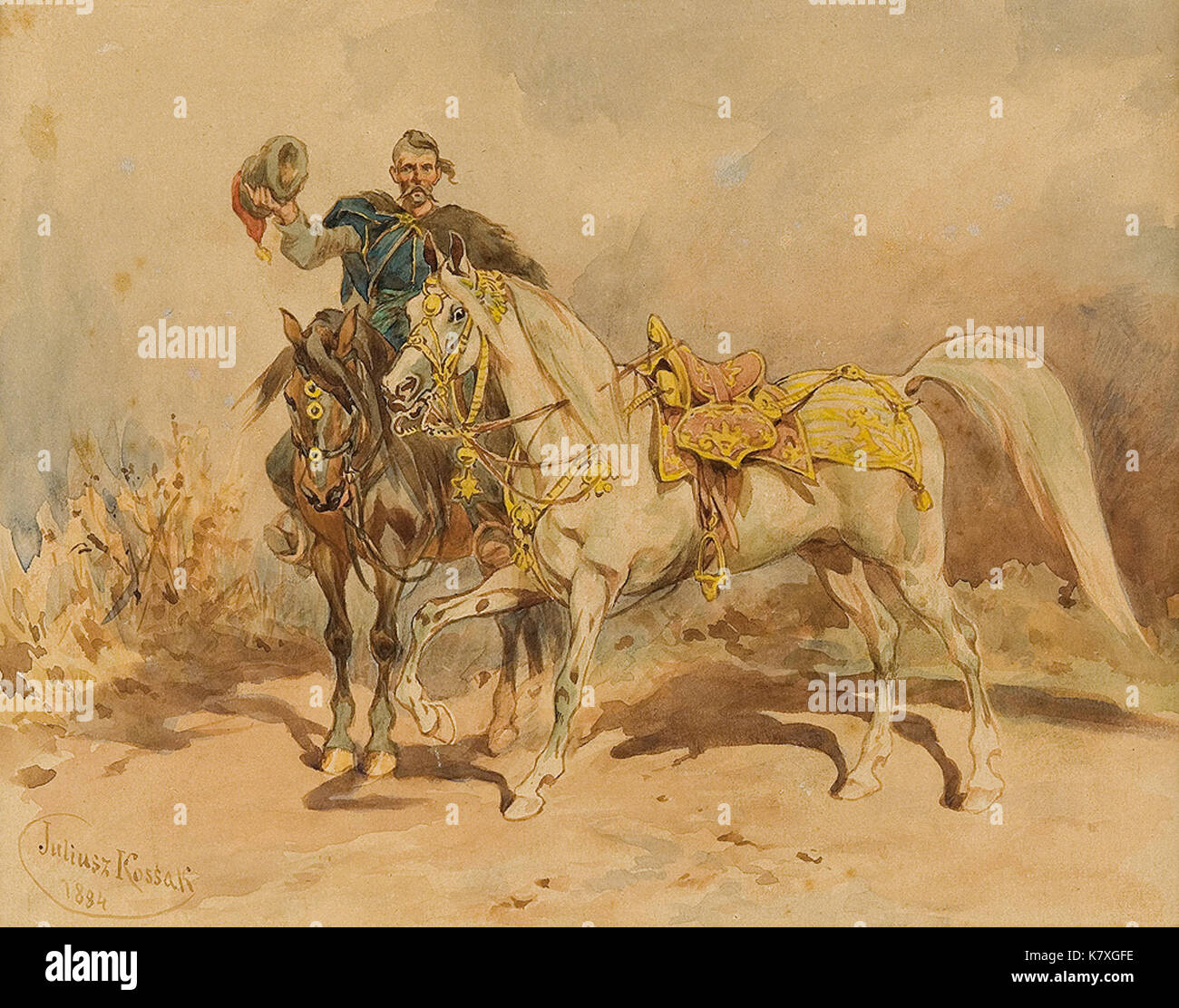 Juliusz Kossak. Kosak mit einem Pferd 1884. Stockfoto
