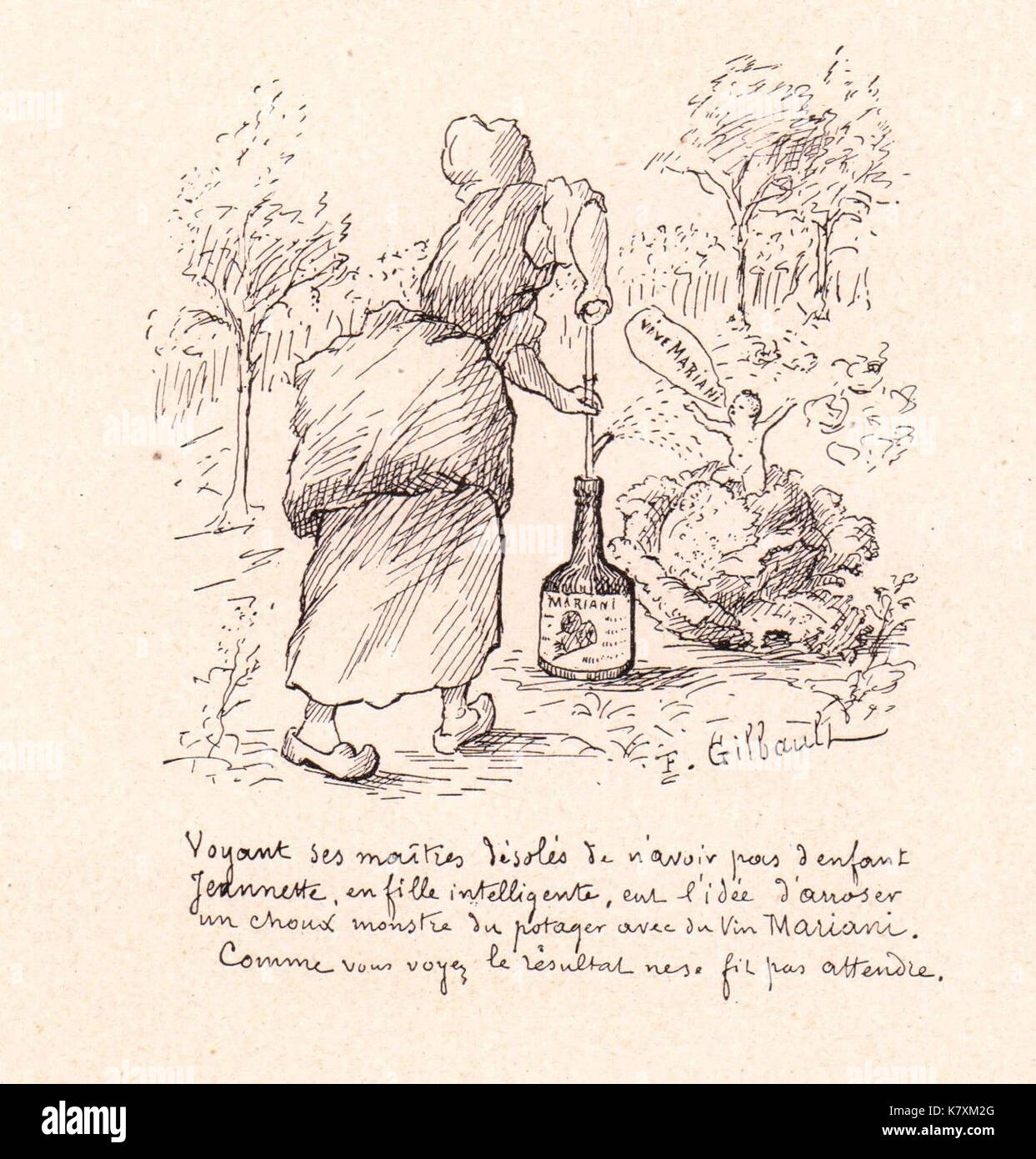 „Jeannette vin Mariani“ ist ein Kunstwerk von Ferdinand Gibault, das das beliebte französische Getränk vin Mariani zeigt, ein Tonic-Wein mit Kokablättern. Das Bild zeigt die frühe Vermarktung dieses legendären Getränks. Stockfoto