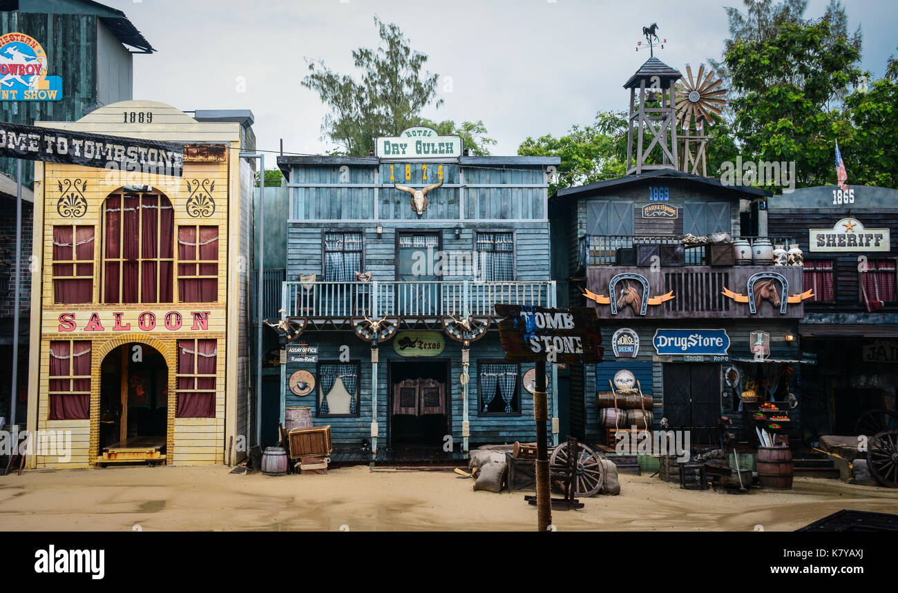 Bangkok, Thailand - 16.Juni 2016. Straße von Wild West Stadt in einen Cowboy Show im Safari World in Bangkok, Thailand. Stockfoto