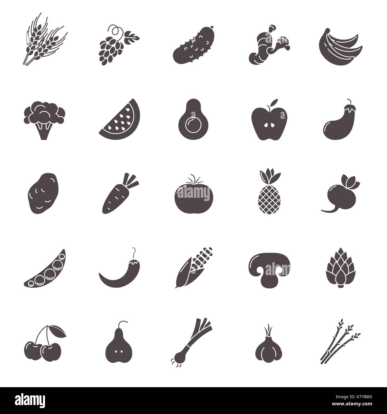 Obst und Gemüse Icon Set. Vegan natürliche bio Piktogramme. Artischocken, Spargel, Weizen, Bananen, Trauben, Lauch, Knoblauch, Ingwer und andere organische Nahrung Zeichen. Stock Vektor