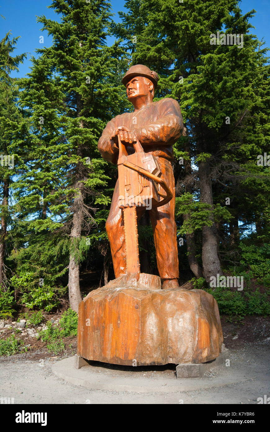 Hölzerne Skulptur von Glenn Greensides, "Hommage an den Wald', Grouse Mountain, Vancouver, British Columbia, Kanada Stockfoto