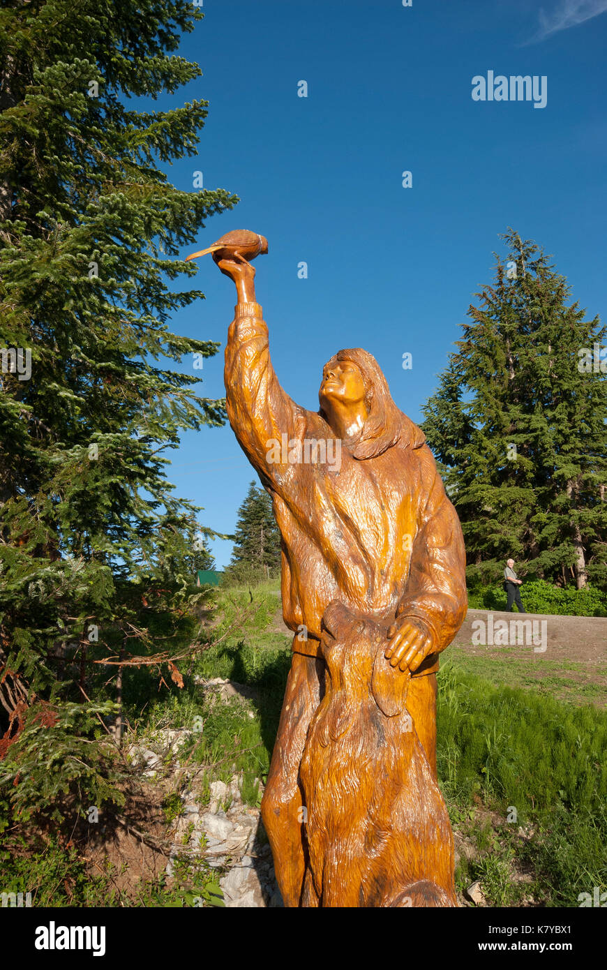 Hölzerne Skulptur von Glenn Greensides, "Hommage an den Wald', Grouse Mountain, Vancouver, British Columbia, Kanada Stockfoto