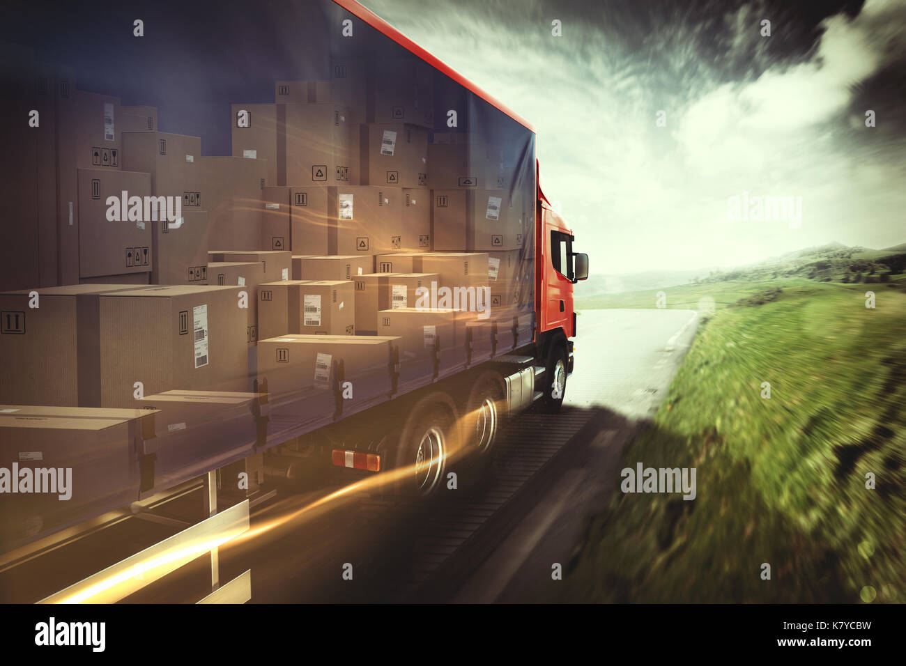 Lkw auf der Straße. 3D-Rendering Stockfoto