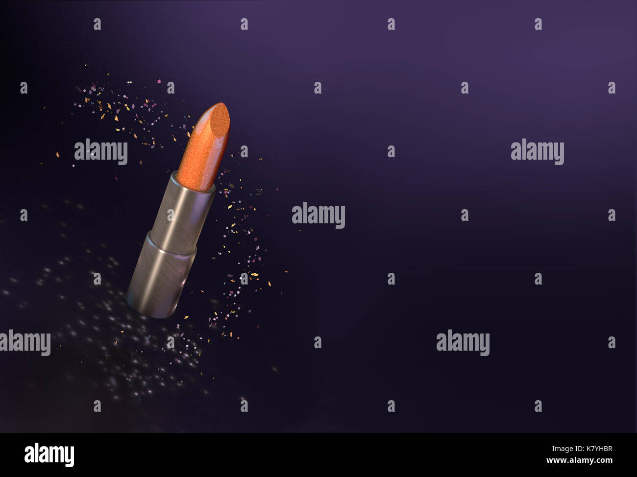 Glitzernde Orange Lippenstift auf dunklen Luxuriöse violette Hintergrund mit Partikeln, die um Sie herum Stockfoto