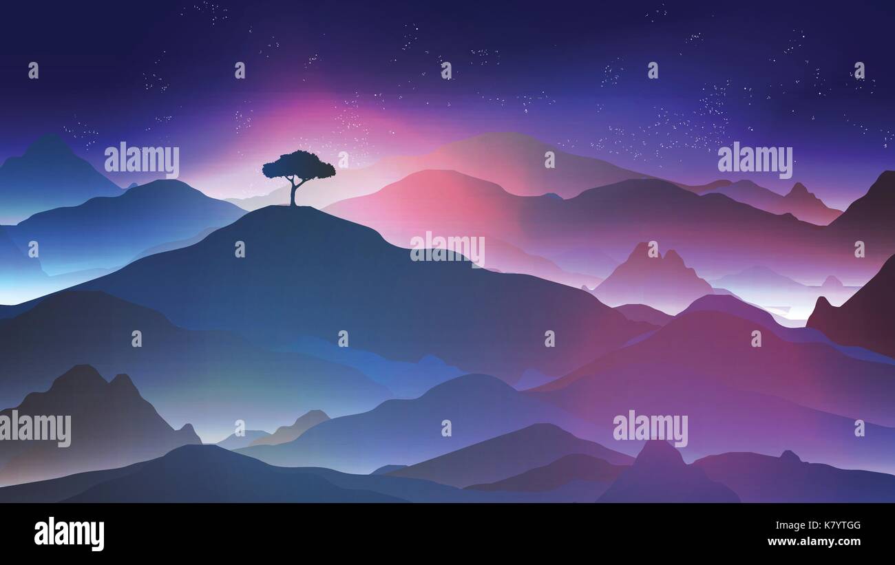 Sternenklare Nacht in den Bergen mit einem einsamen Baum - Vektor-Illustration Stock Vektor
