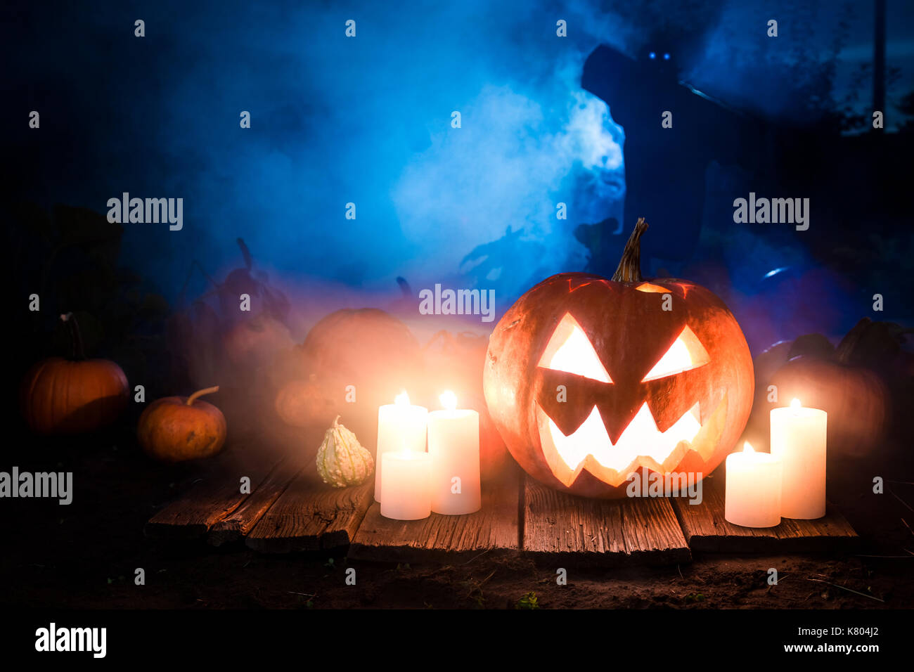 Glühend Halloween Kürbis mit Vogelscheuchen auf dem Feld Stockfoto