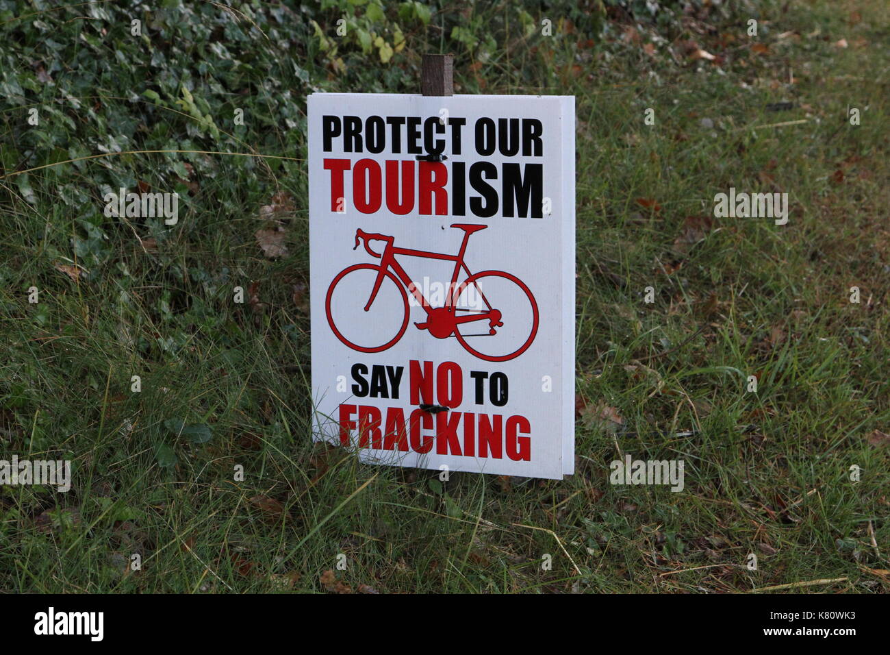 Anti-fracking Schilder am Straßenrand in North Yorkshire, England, UK in Bezug auf Kirby Misperton Proteste und Widerstand gegen Fracking in North Yorkshire. Die Proteste weiter in 2018 und unterliegen der Polizeiarbeit und werden regelmäßig in den Nachrichten gekennzeichnet wie die Opposition zu den gesamten fracking Prozess innerhalb der Gemeinschaft und im lokalen Umfeld bleibt. Eine Firma namens Dritten Energie beteiligt sind mit der Arbeit auf dem Gebiet der Lizenzierung Prozess innerhalb des Vereinigten Königreichs und Gerichtsurteile verbunden sind auch eine Funktion. Aktivisten sind häufig an der North Yorkshire Ort und Zeichen entfernt sind sichtbar. Stockfoto