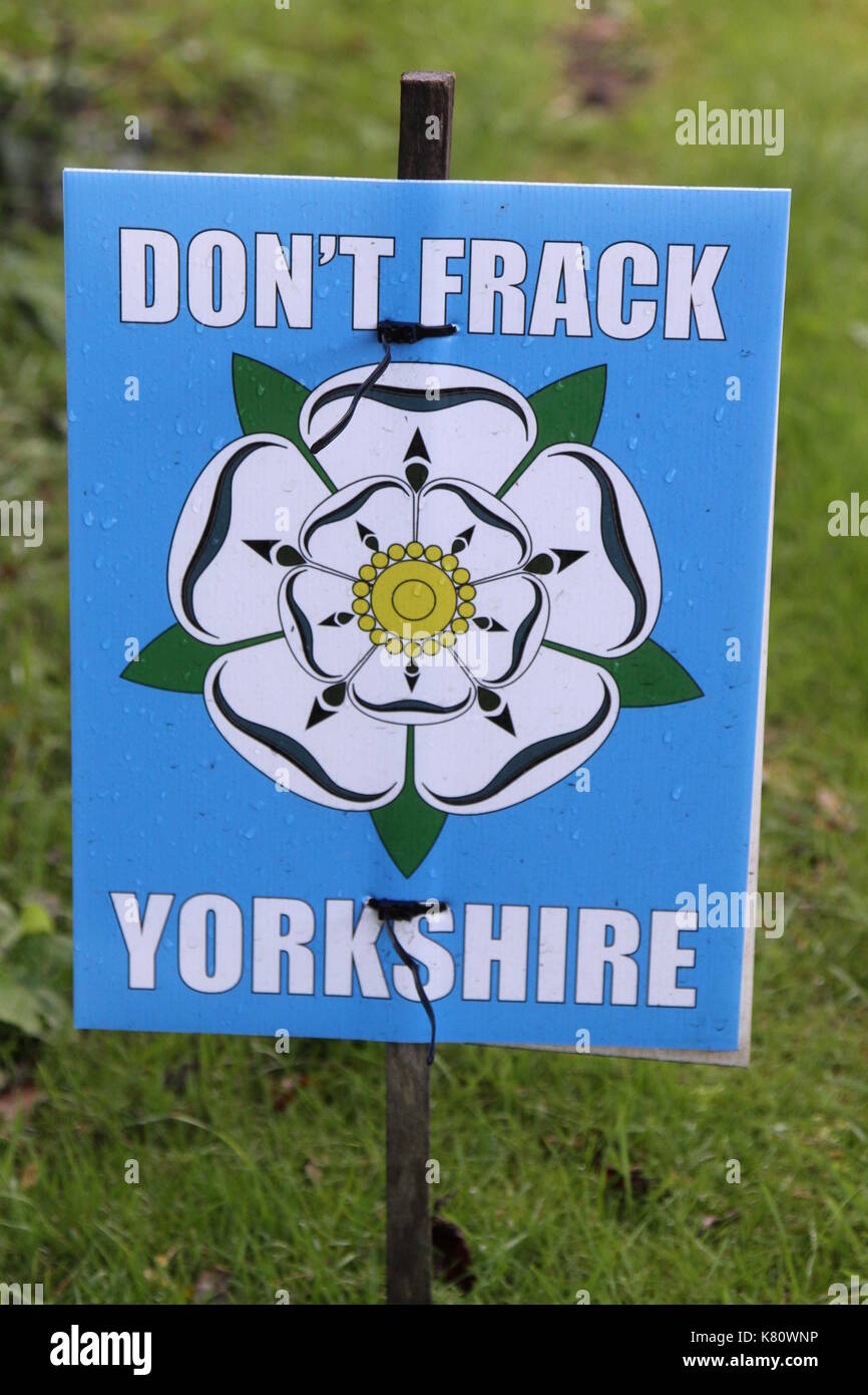 Anti-fracking Schilder am Straßenrand in North Yorkshire, England, UK in Bezug auf Kirby Misperton Proteste und Widerstand gegen Fracking in North Yorkshire. Die Proteste weiter in 2018 und unterliegen der Polizeiarbeit und werden regelmäßig in den Nachrichten gekennzeichnet wie die Opposition zu den gesamten fracking Prozess innerhalb der Gemeinschaft und im lokalen Umfeld bleibt. Eine Firma namens Dritten Energie beteiligt sind mit der Arbeit auf dem Gebiet der Lizenzierung Prozess innerhalb des Vereinigten Königreichs und Gerichtsurteile verbunden sind auch eine Funktion. Aktivisten sind häufig an der North Yorkshire Ort und Zeichen entfernt sind sichtbar. Stockfoto