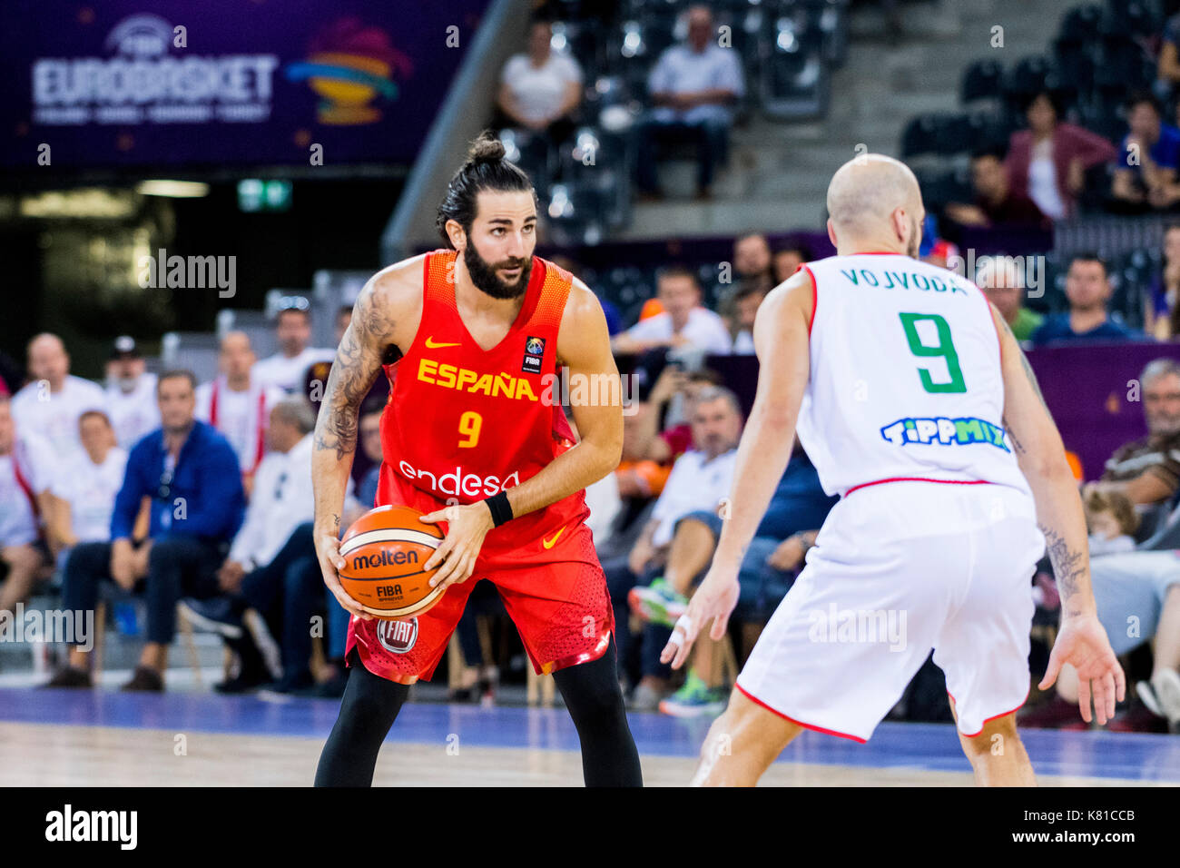 September 7, 2017: Ricky Rubio #9 (ESP) während der FIBA Basketball-europameisterschaft 2017 - Gruppe C, Spiel zwischen Ungarn und Spanien bei Polyvalenten Halle, Cluj-Napoca, Rumänien ROU. Foto: Cronos Stockfoto