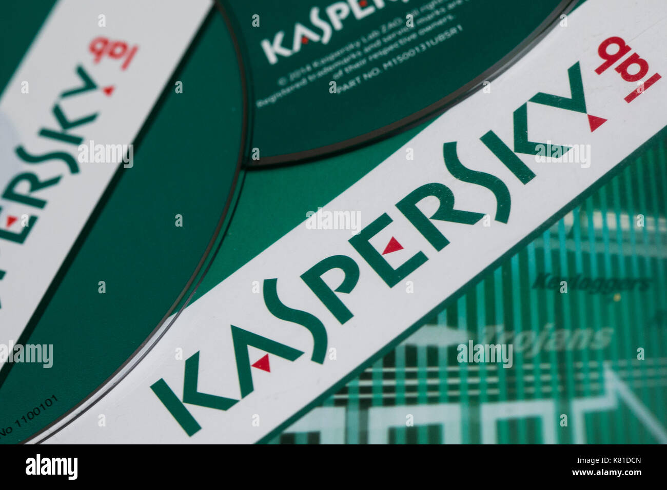 Kaspersky Lab Internet Security und Anti-Virus-Software Produkte. Die russischen Software-hersteller ist unter Nachforschung für seine engen Beziehungen zur Russland kommen Stockfoto