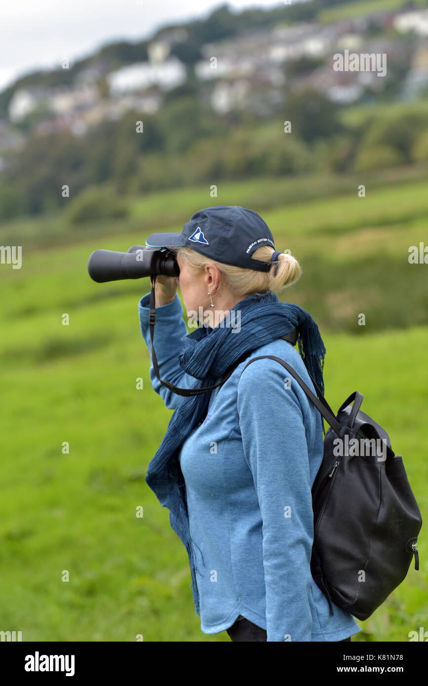 Eine Frau oder Lady vogelbeobachtung an der RSPB Nature Reserve an Brading Marsh auf der Isle of Wight mit Fernglas und lesen Ratgeber. birding zucken Stockfoto