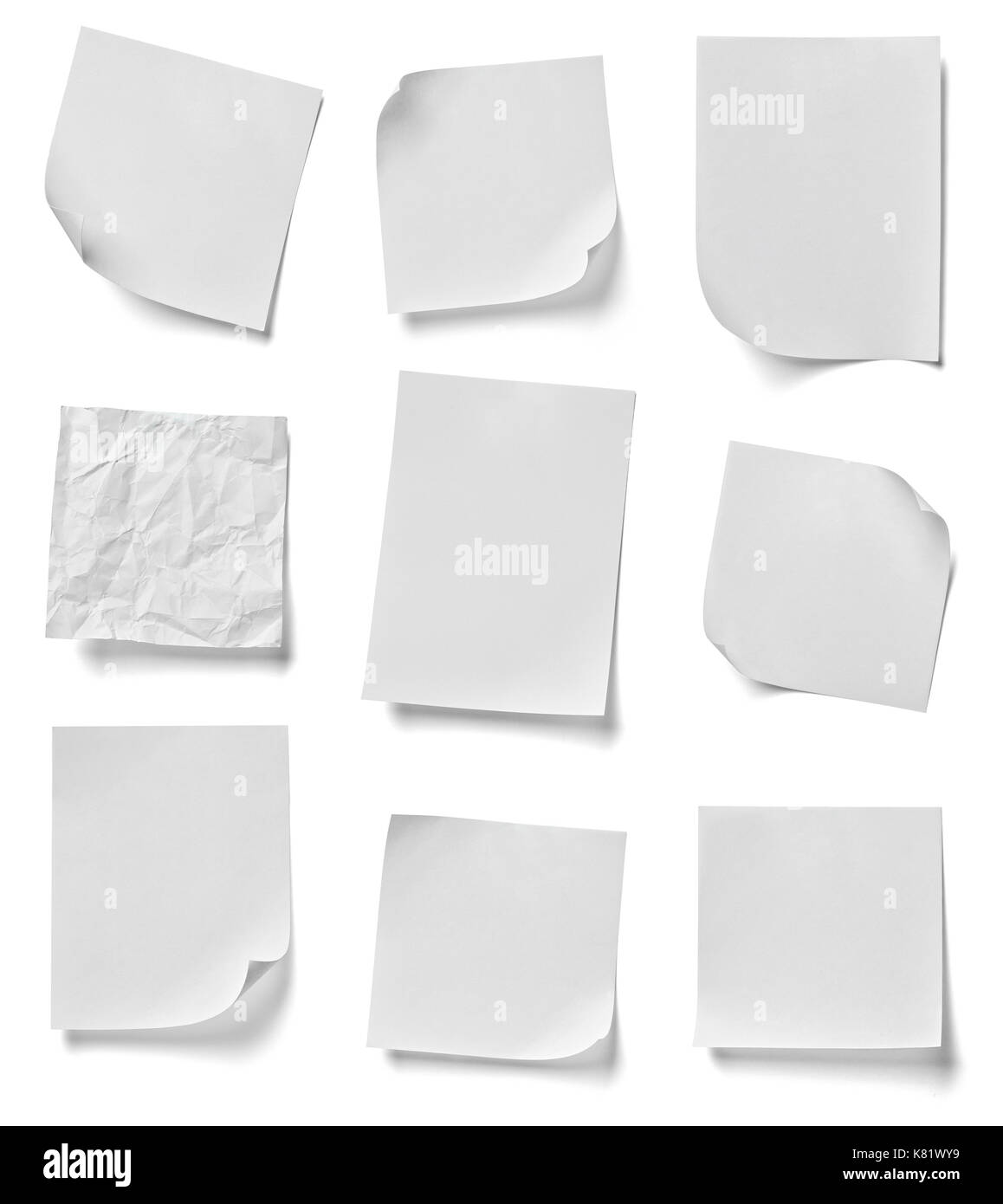 Sammlung von verschiedenen Hinweis Papiere auf weißem Hintergrund. Jede einzeln Geschossen ist Stockfoto