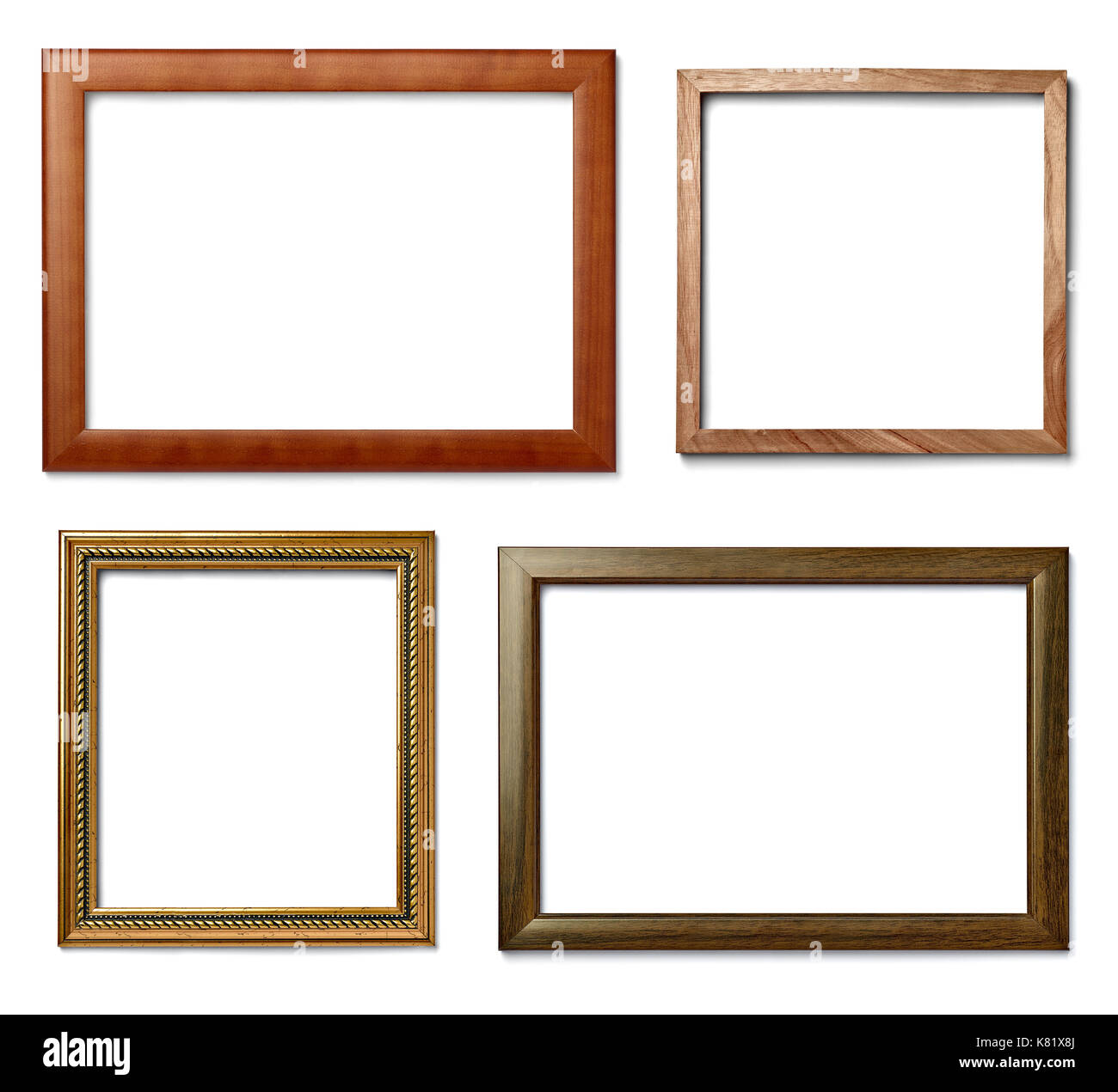 Sammlung von verschiedenen vintage Holzrahmen auf weißem Hintergrund Stockfoto