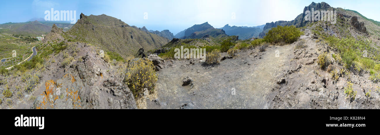 Felsen und Sand zwischen den Bäumen der Berge der Insel Teneriffa, kanarische Stockfoto