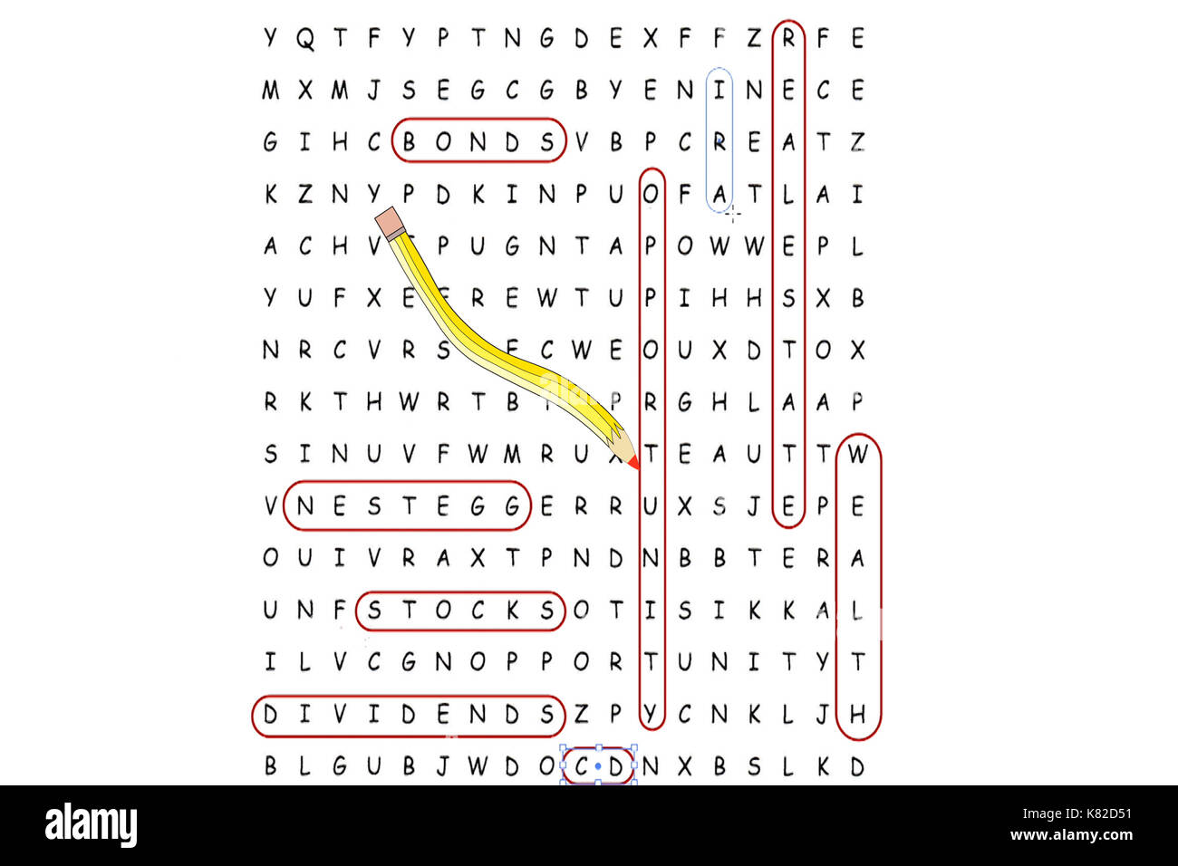 Word Search Puzzle mit versteckten Investitionsmöglichkeit, Anleihen, cd, Dividende, Notgroschen, Aktien, Immobilien und Vermögen mit bebilderter Bleistift. Stockfoto