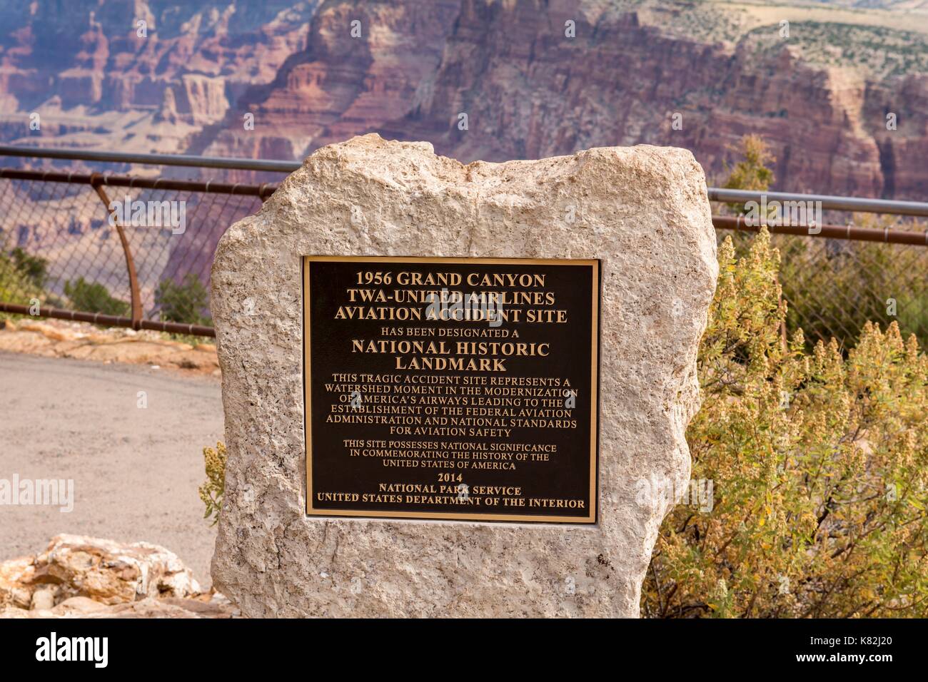 National Historic Landmark benennenden Standort des 1956 mid-Air Crash von zwei Verkehrsflugzeuge über den Grand Canyon Nationalpark in Arizona, USA. Stockfoto