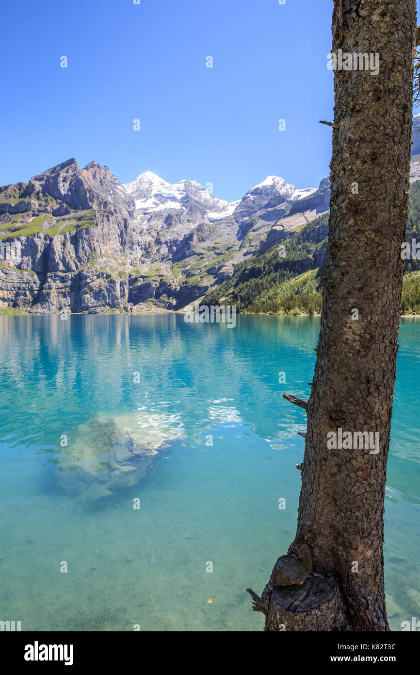 Das türkisfarbene Wasser des Sees oeschinensee Kandersteg im Berner Oberland Kanton Bern Schweiz Europa Stockfoto