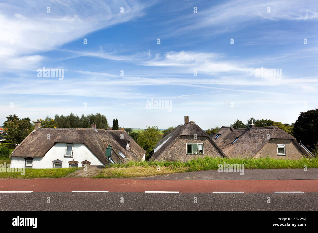 Deich und Bauernhäuser entlang des Flusses Lek in den Niederlanden Stockfoto