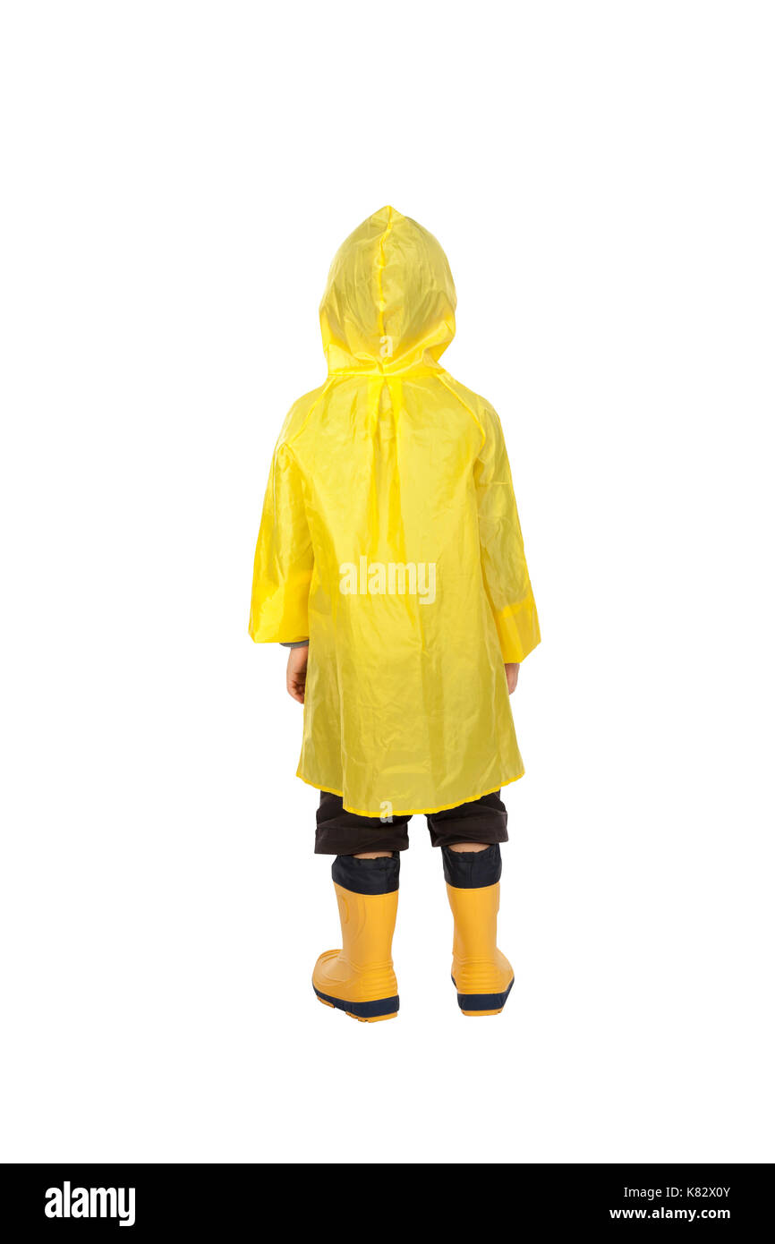 Kind mit regenmantel auf weißem Hintergrund Stockfoto