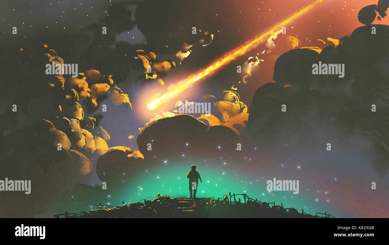 Nacht Landschaft eines Jungen auf der Suche der Meteor in den bunten Himmel, digital art Stil, Illustration Malerei Stockfoto