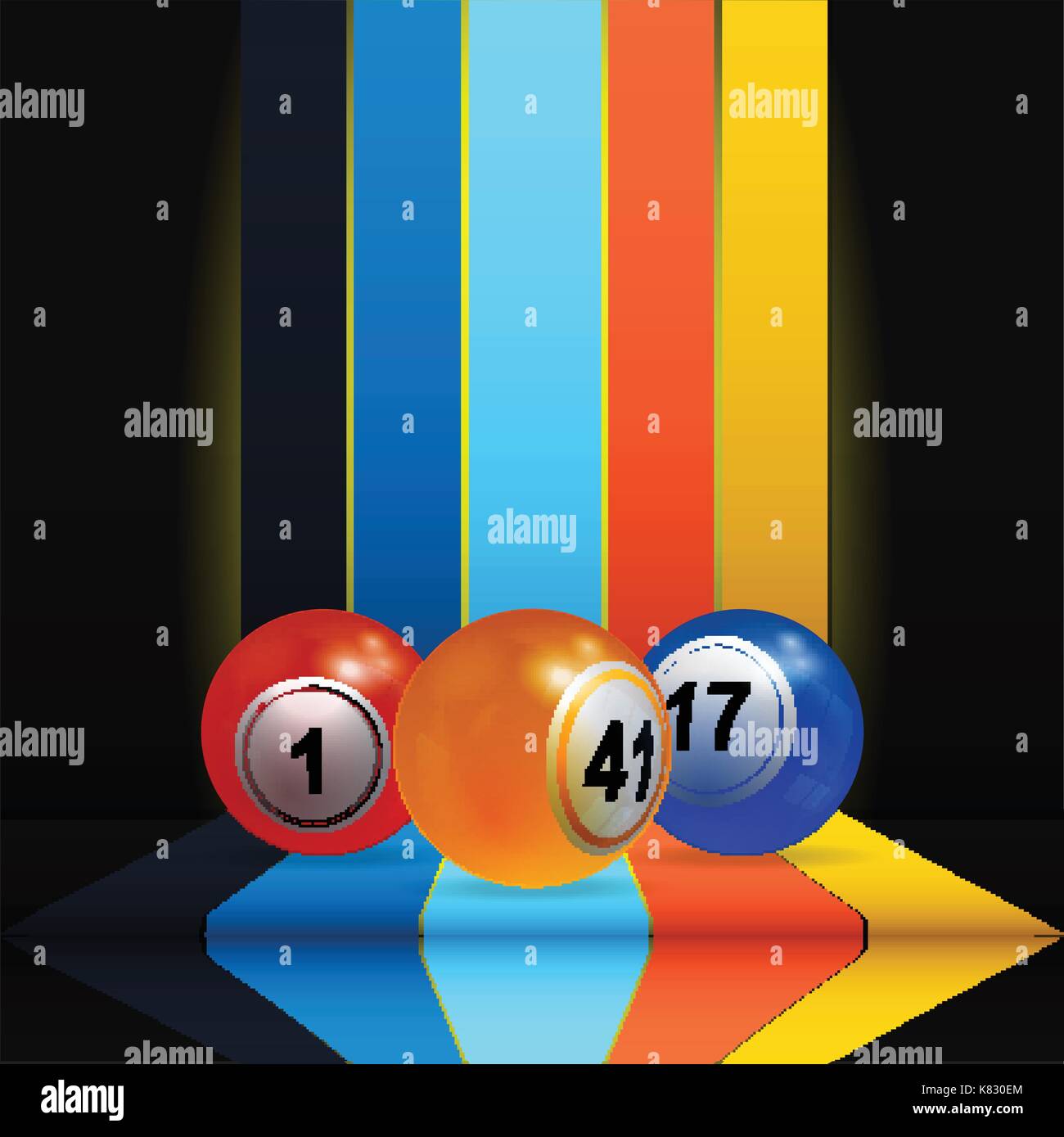 3D-Abbildung: Trio der Bingo Lotterie Kugeln über Vertikale bunte Streifen und Regal mit Schatten auf schwarzem Hintergrund Stock Vektor