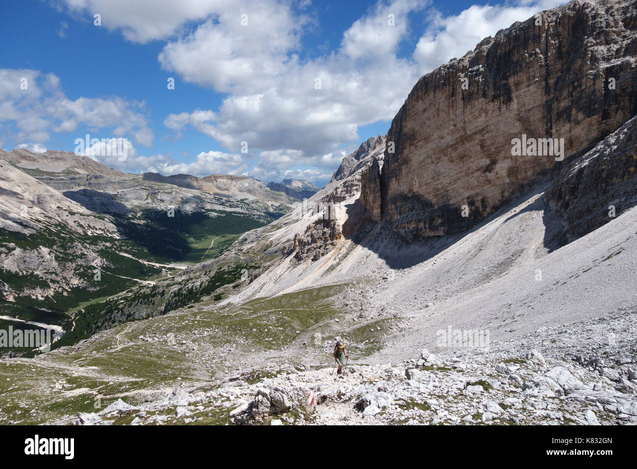 Die Dolomiten, Norditalien. Ein Wanderer auf dem langen Fußweg Alta Via 1, steil in Richtung der Forcella del Lago (Forcella di Lech) Stockfoto