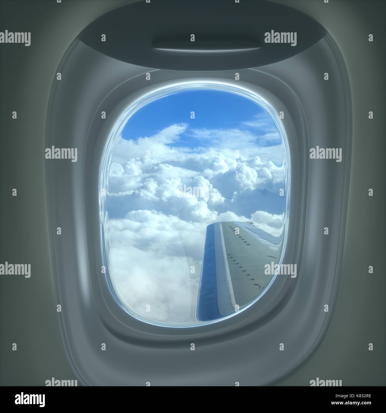 Blick aus dem Flugzeug heraus, durch das offene Fenster. Stockfoto