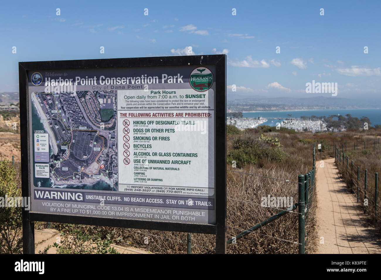 Ein Schild an der Harbor Point Conservation Park in Dana Point Kalifornien USA Stockfoto