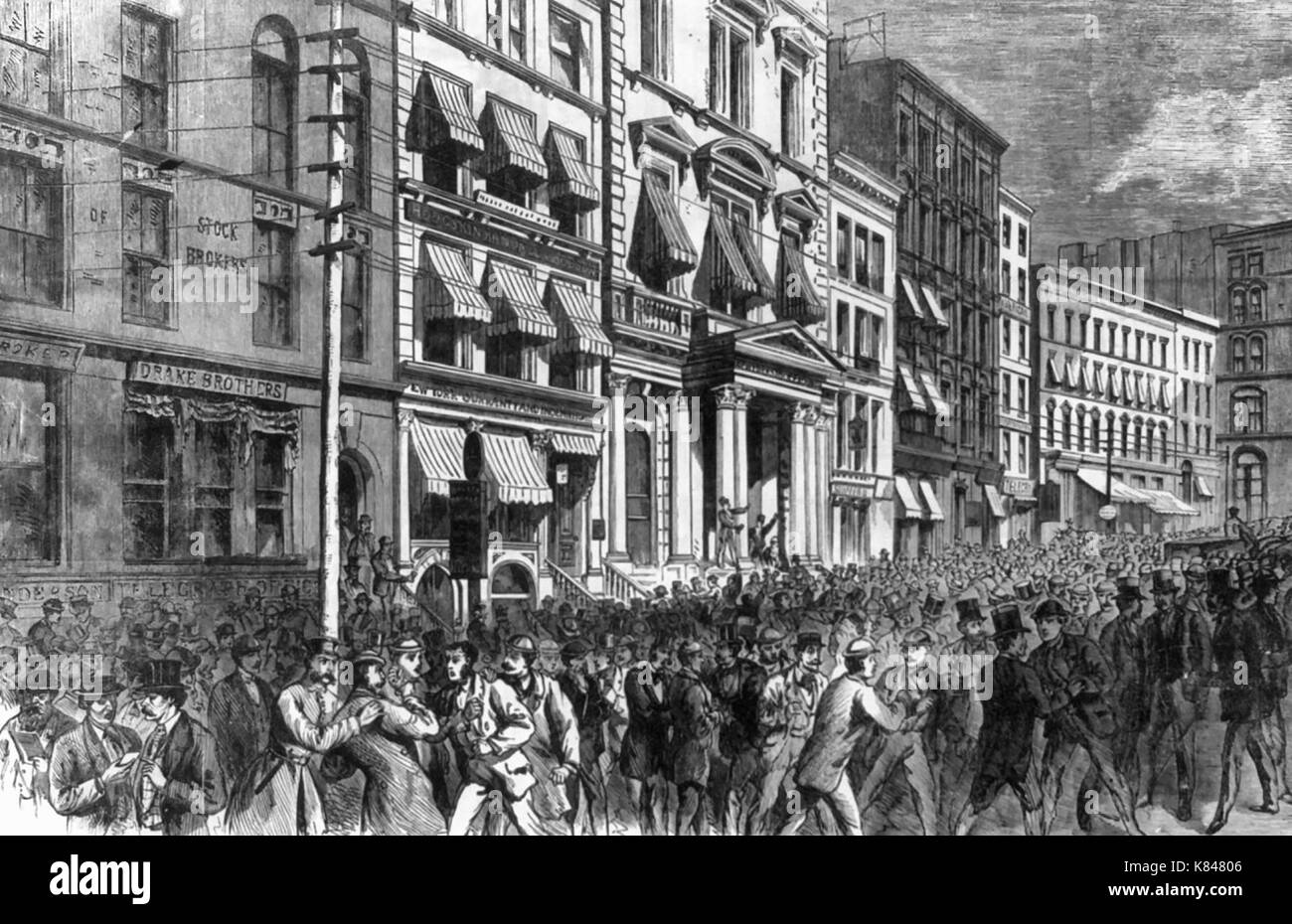 Die große finanzielle Panik - Anzeigen in Breite Str., in der Nähe der Börse, am Samstag Mittag, Sept. 20 Th, 1873, nach dem Schließen der Türen austauschen Stockfoto