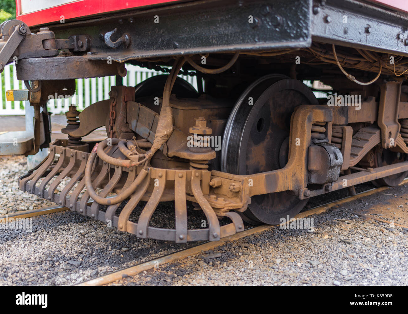 Nahaufnahme des Unterwagens viktorianischen Manx Straßenbahn Stockfoto