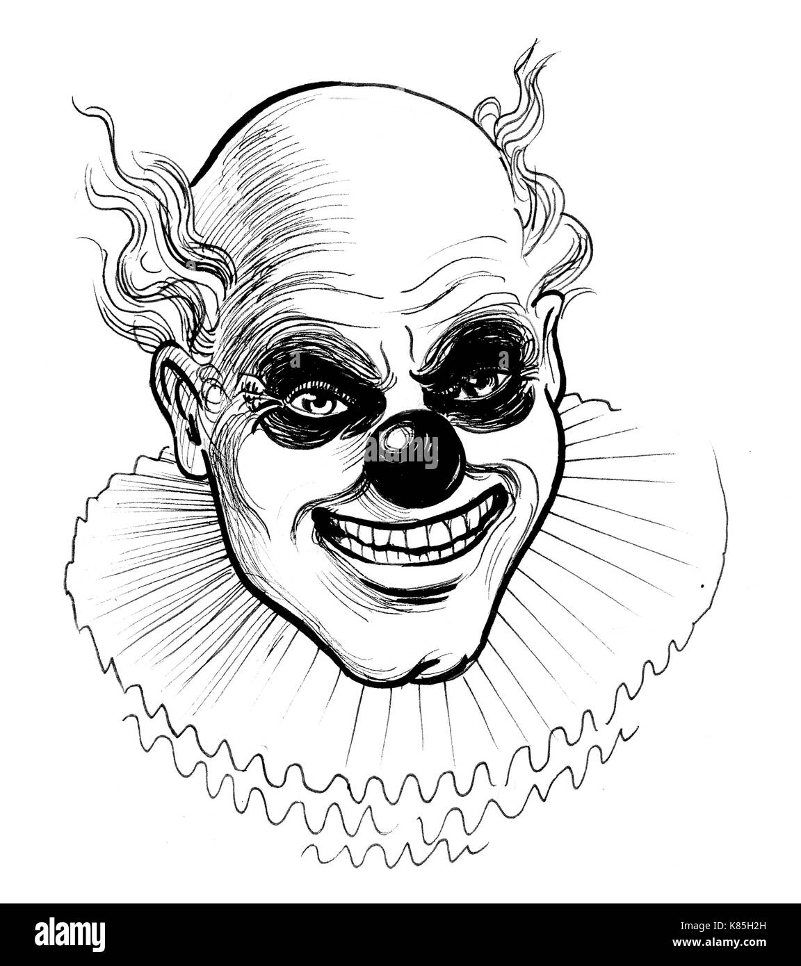 Scary clown Gesicht. Tinte schwarz-weiss Zeichnung Stockfoto