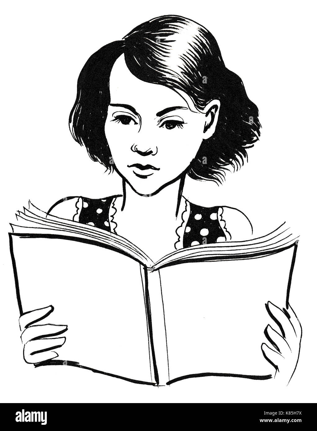 Mädchen ein Buch lesen. Tinte schwarz-weiss Zeichnung Stockfoto