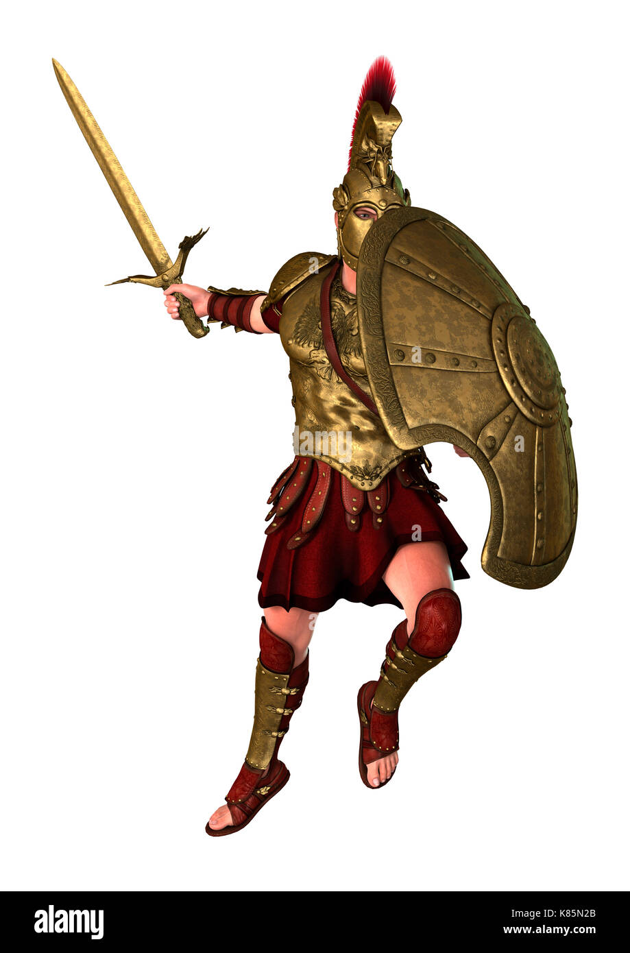 3D-Rendering für eine spartanische Krieger in Rüstung mit einem Schwert und  einem Schild auf weißem Hintergrund Stockfotografie - Alamy