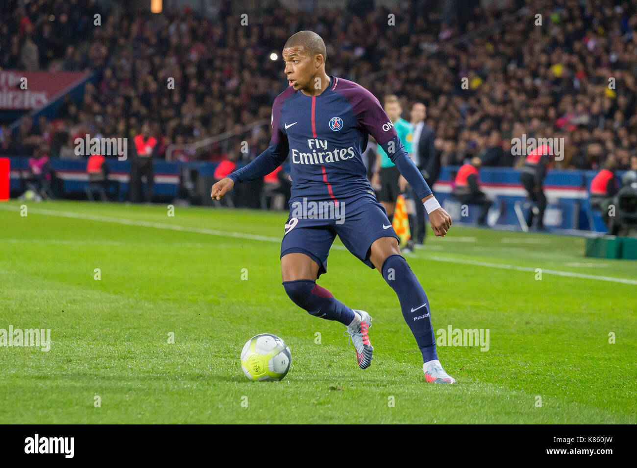 Kylian Mbappe in Aktion während der französischen Ligue 1 Fußballspiel zwischen Paris St. Germain (PSG) und Olympique Lyonnais (OL) im Parc des Princes. Am 17. September 2017 in Paris, Frankreich Stockfoto