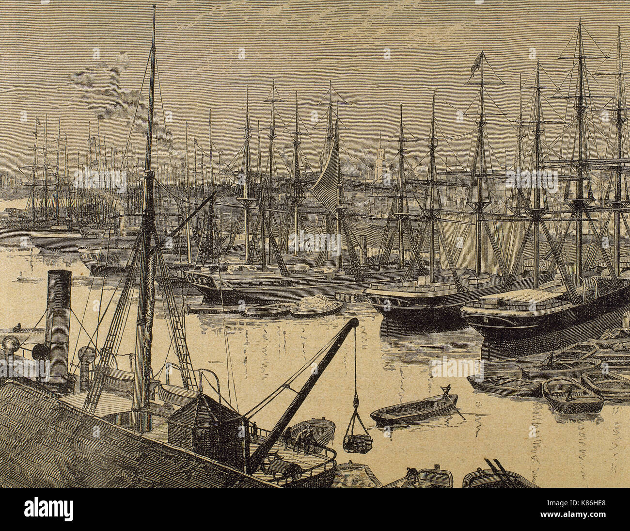 England. London. Dock der East India Company (EIC). Englisch und später britischen Aktiengesellschaft. Kupferstich von J.R. Wells. 'La Ilustracion Iberica", 1888. Stockfoto