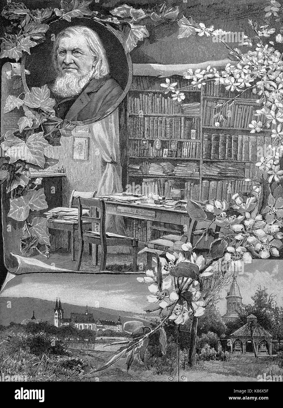 Eine Illustration für den 100. Geburtstag von August Heinrich Hoffmann von Fallersleben, 1798-1874, ein deutscher Dichter, auf seinem Schreibtisch, der Garten sein Geburtshaus und das Palais von Corvey, Digital verbesserte Reproduktion einer Vorlage woodprint aus dem 19. Jahrhundert Stockfoto