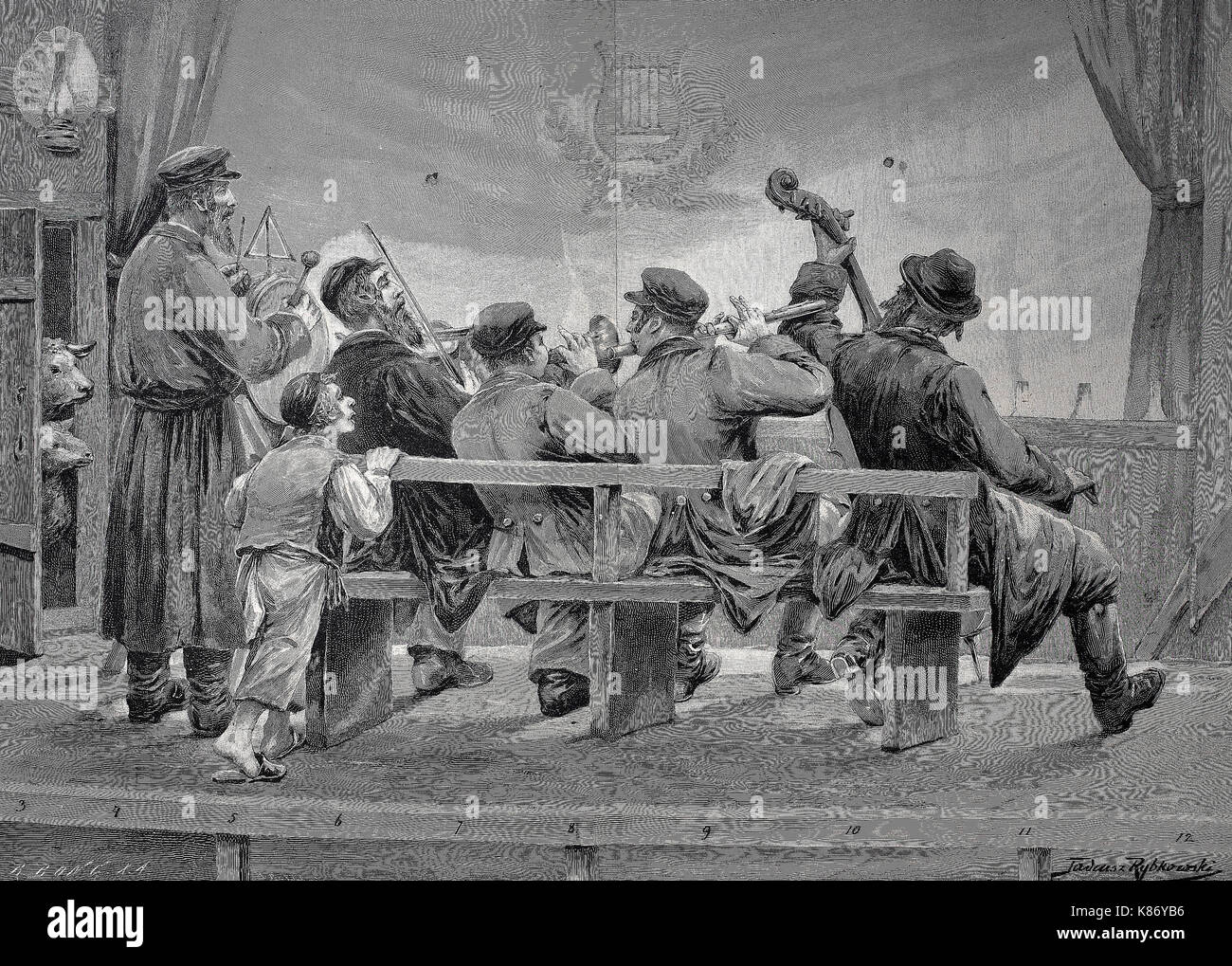Jüdische Orchester in einem polnischen Theater, Polen, fünf Männer, Musiker, digitale Reproduktion eines ursprünglichen woodprint aus dem 19. Jahrhundert verbessert Stockfoto