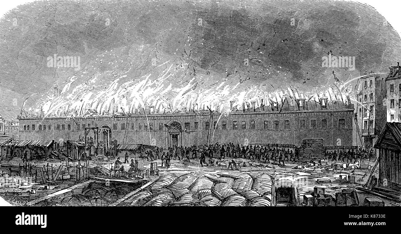 Tuchhallen oder Leinen Halle von Paris, Frankreich, das Feuer im Jahr 1855, conflagation, Digital verbesserte Reproduktion einer Vorlage woodprint aus dem 19. Jahrhundert Stockfoto
