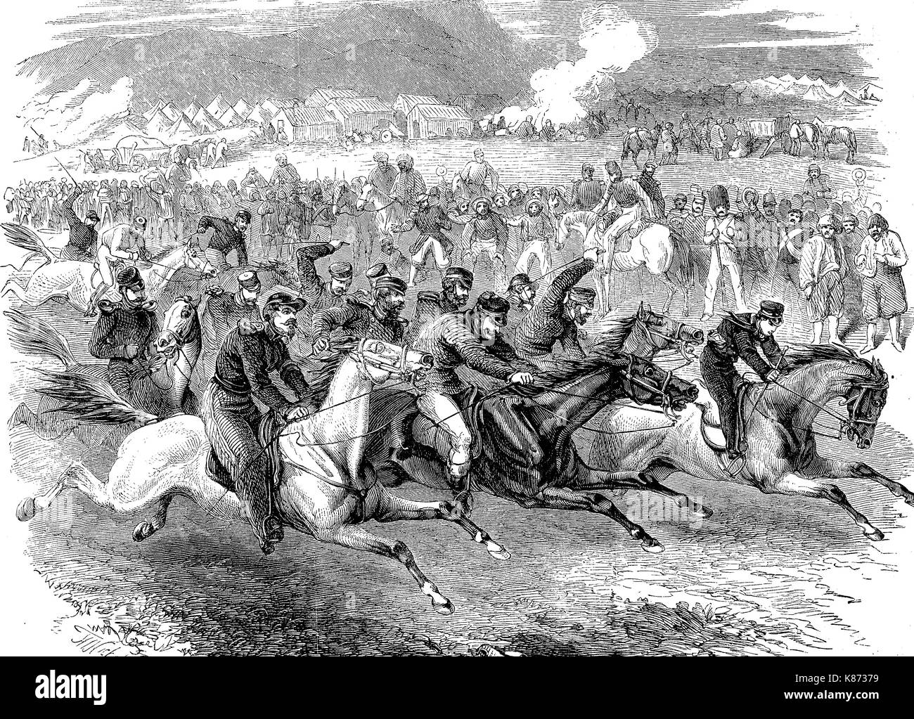 Reiter spiele die Soldaten im Englischen Lager von Sewastopol, Krim Krieg, 1855 abzulenken, Digital verbesserte Reproduktion einer Vorlage woodprint aus dem 19. Jahrhundert Stockfoto