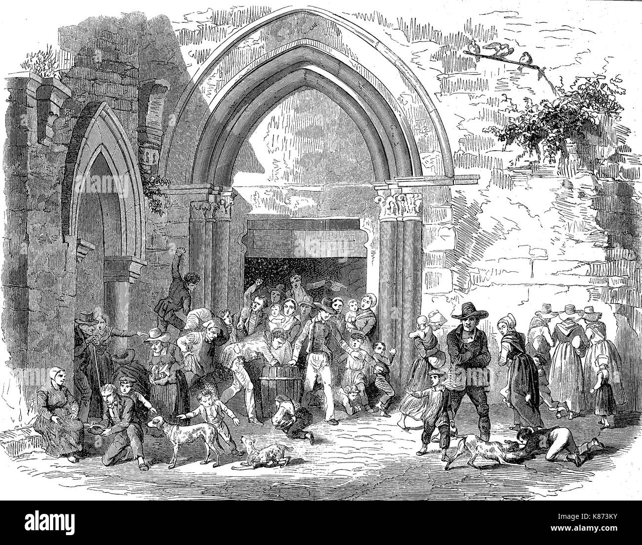 Spenden von Almosen für die armen Leute, Frankreich, 1855, Digital verbesserte Reproduktion einer Vorlage woodprint aus dem 19. Jahrhundert Stockfoto