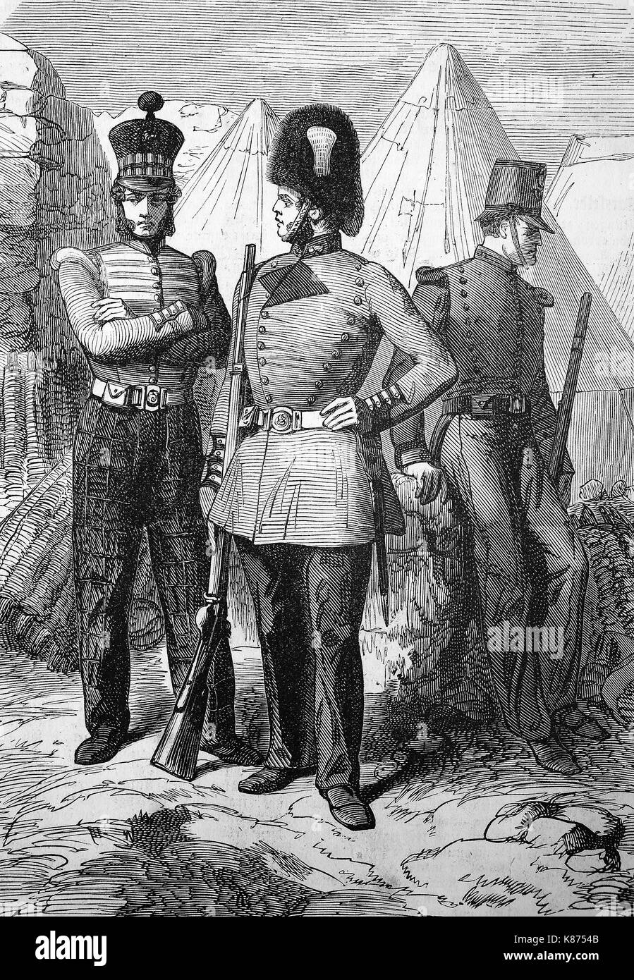 Krimkrieg 1855, englische Soldaten in ihren neuen Uniformen, Digital verbesserte Reproduktion einer Vorlage woodprint aus dem 19. Jahrhundert Stockfoto