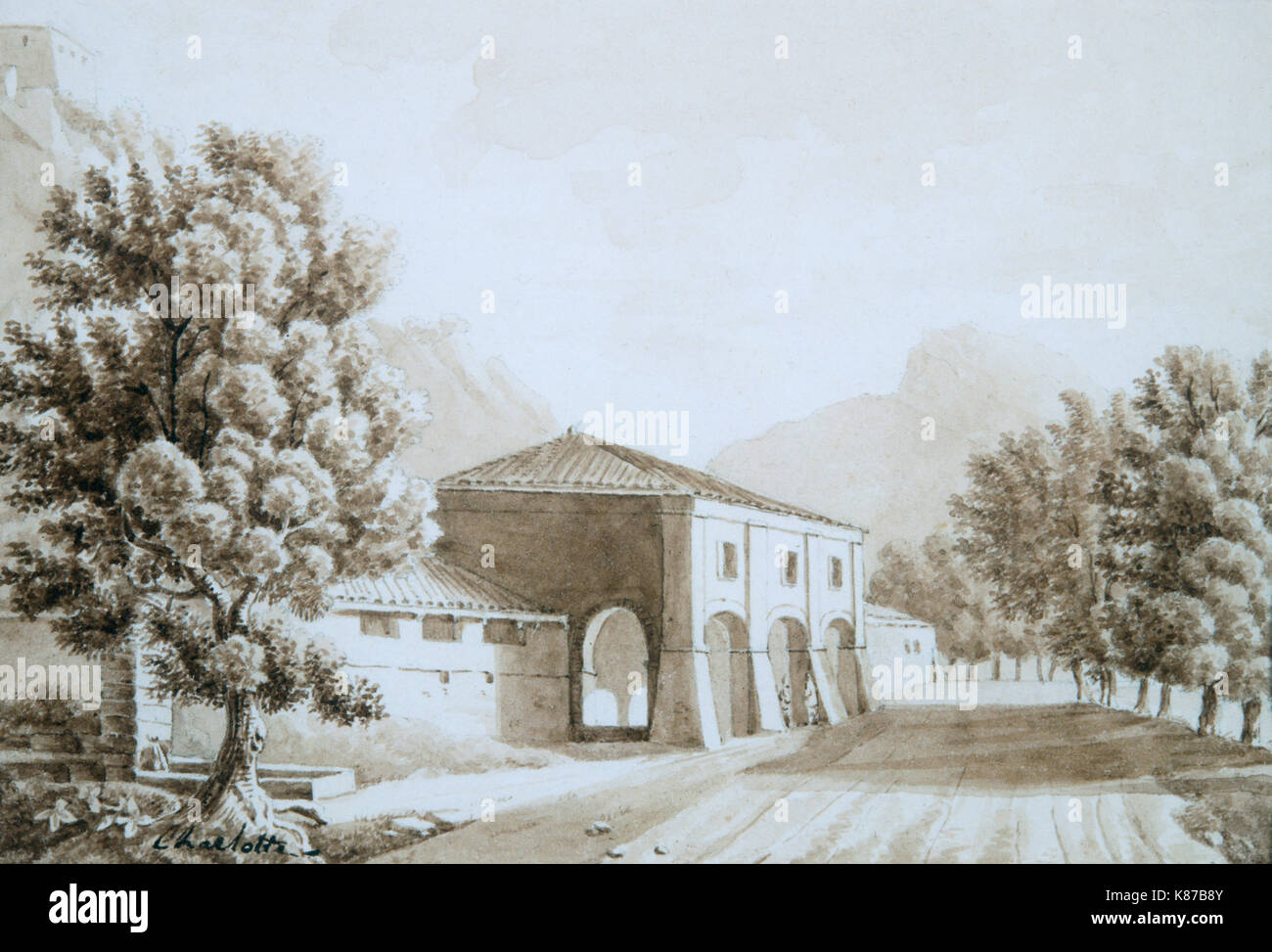 Landschaft Italiens. Zeichnung von Charlotte Bonaparte. Bearbeiten von Marchand kommentiert. Arbeit, die von der Prinzessin zu Napoleon an St. Helena 1819 Stockfoto