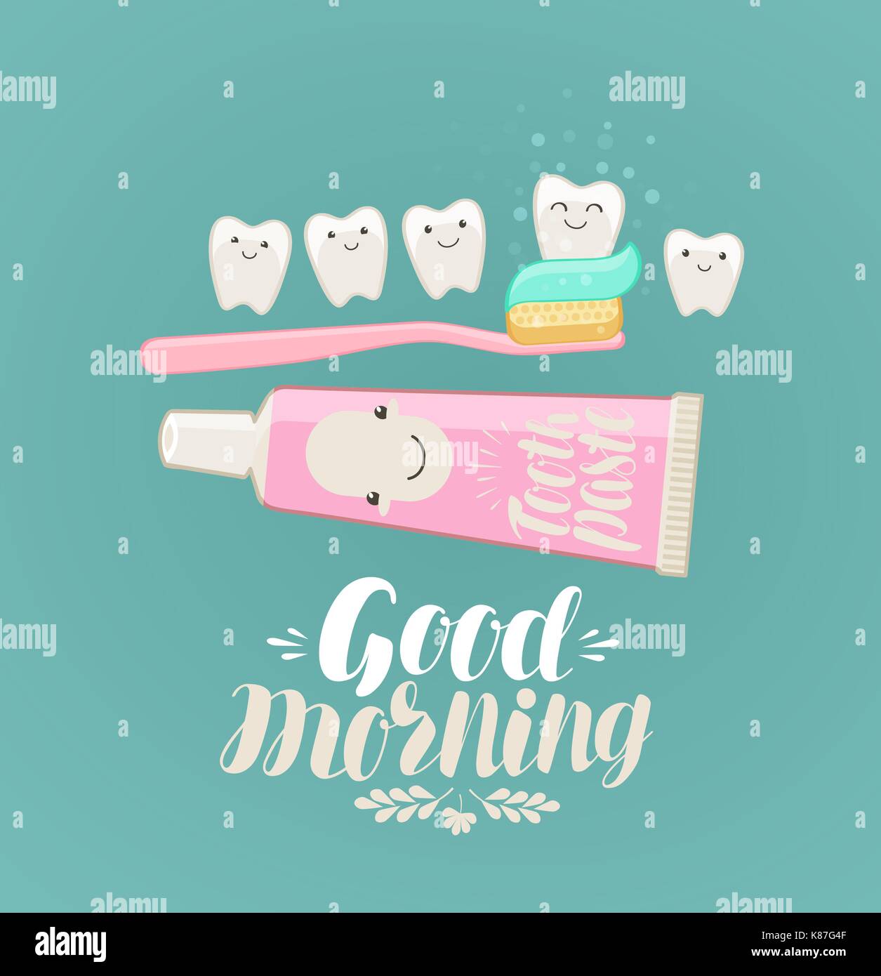 Guten Morgen Banner. Zähne putzen, Hygiene, Zahnpasta, Zahnbürste Konzept. Cartoon Vector Illustration Stock Vektor