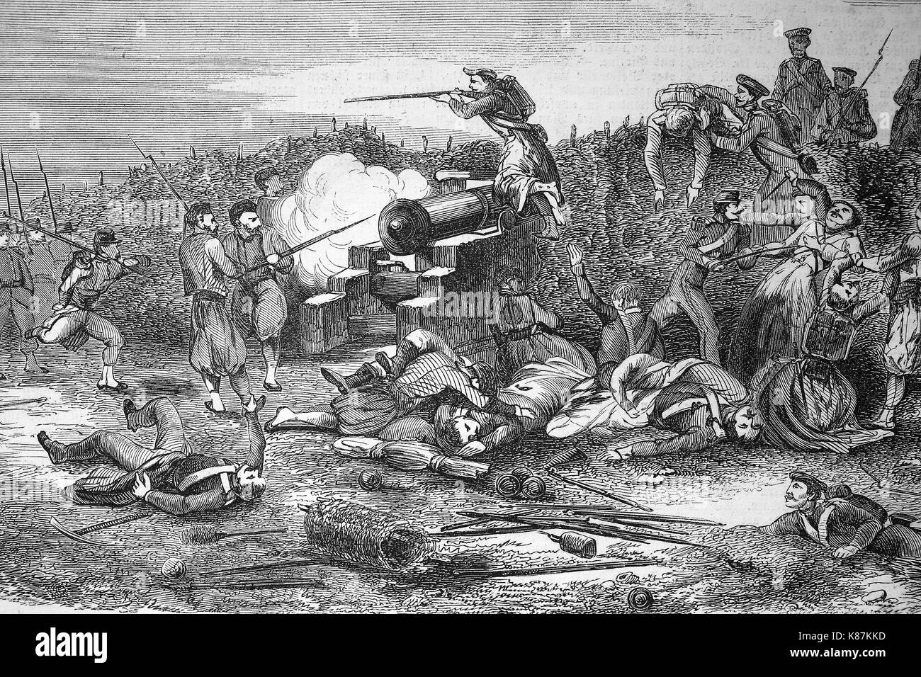 Krimkrieg 1855, die Russische Armee die Angriffe einer französischen Akku, Digital verbesserte Reproduktion einer Vorlage woodprint aus dem 19. Jahrhundert Stockfoto