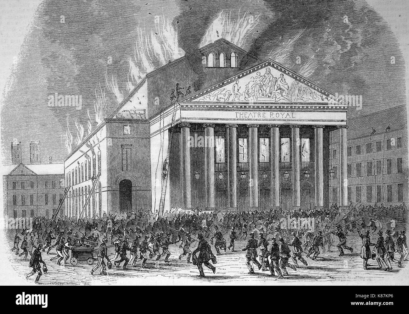 Belgien, Brüssel, dem großen Brand des Theaters am 21. Januar 1855, Digital verbesserte Reproduktion einer Vorlage woodprint aus dem 19. Jahrhundert Stockfoto