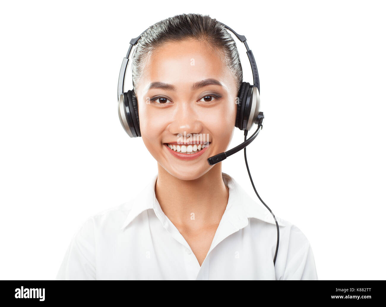 Asiatische Geschäftsfrau mit Headset-Agent, Sales Manager, Service Support, Call Center, Helpdesk oder Hot Line. Closeup Portrait von Frau mit o Stockfoto